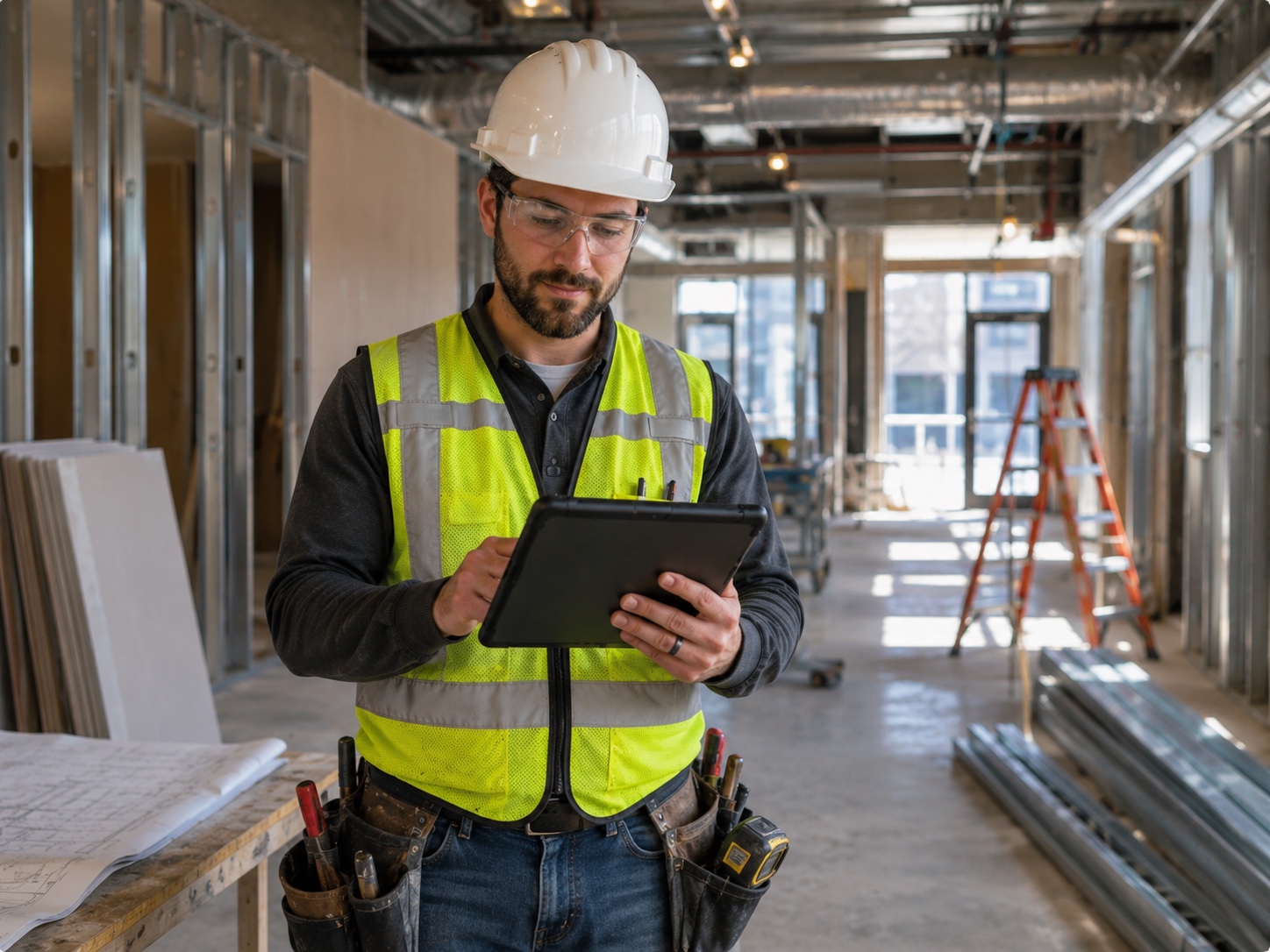 Supervisor de construcción usando una tableta en una obra interior activa